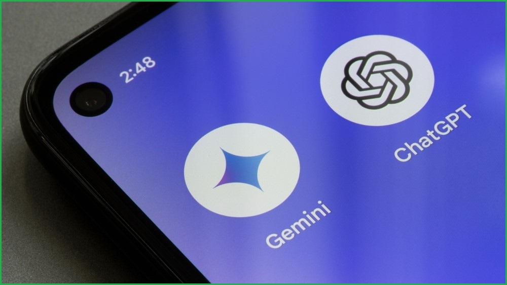 A close up of the Google Gemini and OpenAI ChatGPT apps on an Android phone.