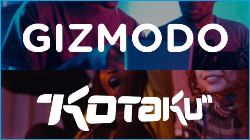 A composite of the Gizmodo logo over two men at a computer, with the Kotaku logo over two women gaming.