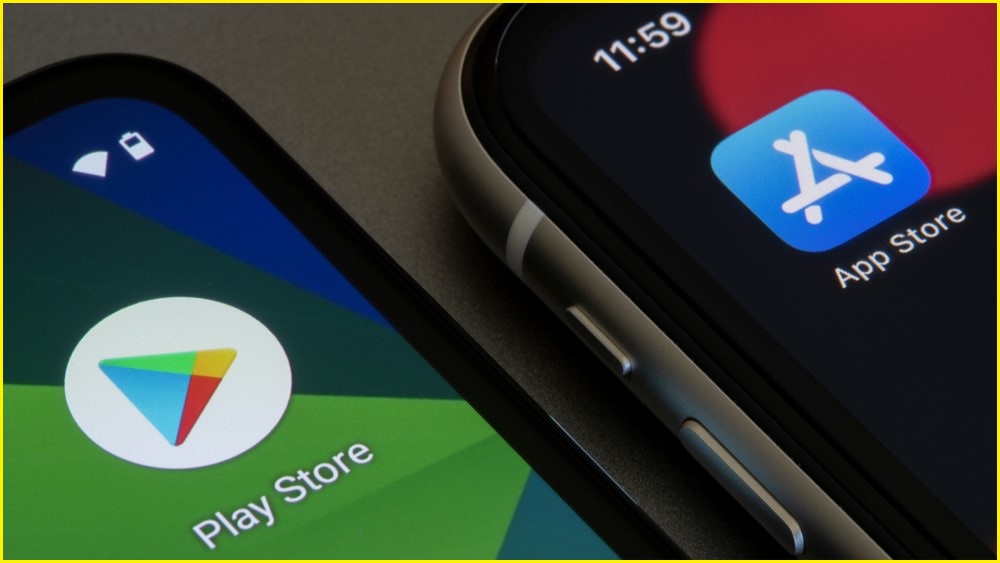 A close up of two mobile phone screens, one showing the Google Play Store app, and the othe the Apple App Store app.