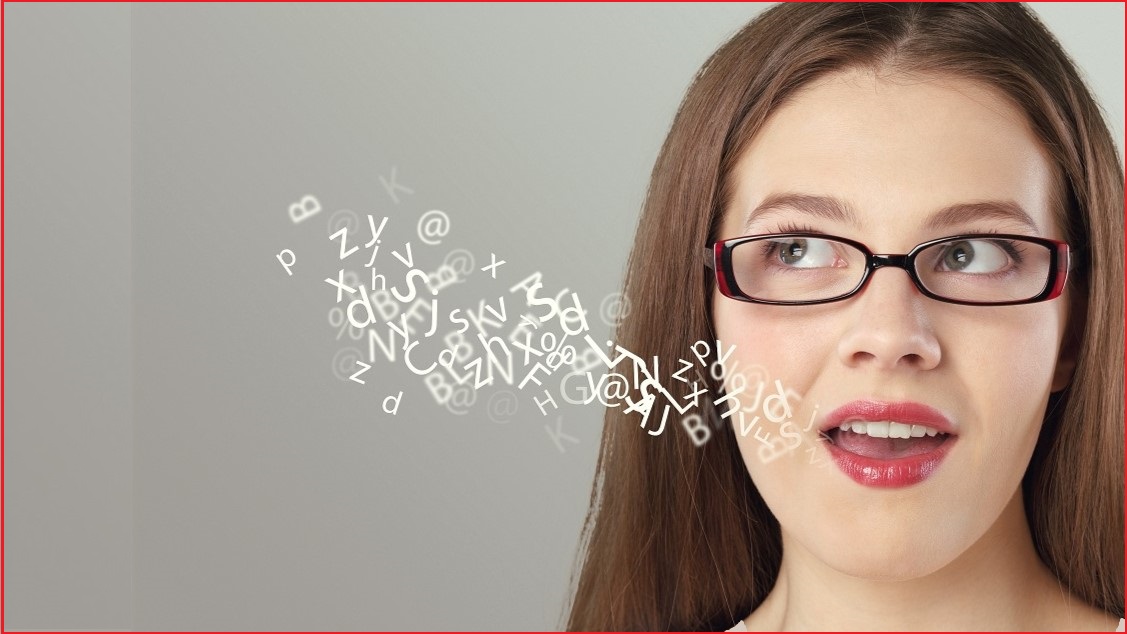 Woman speaking with alphabetical letters coming out of her mouth.