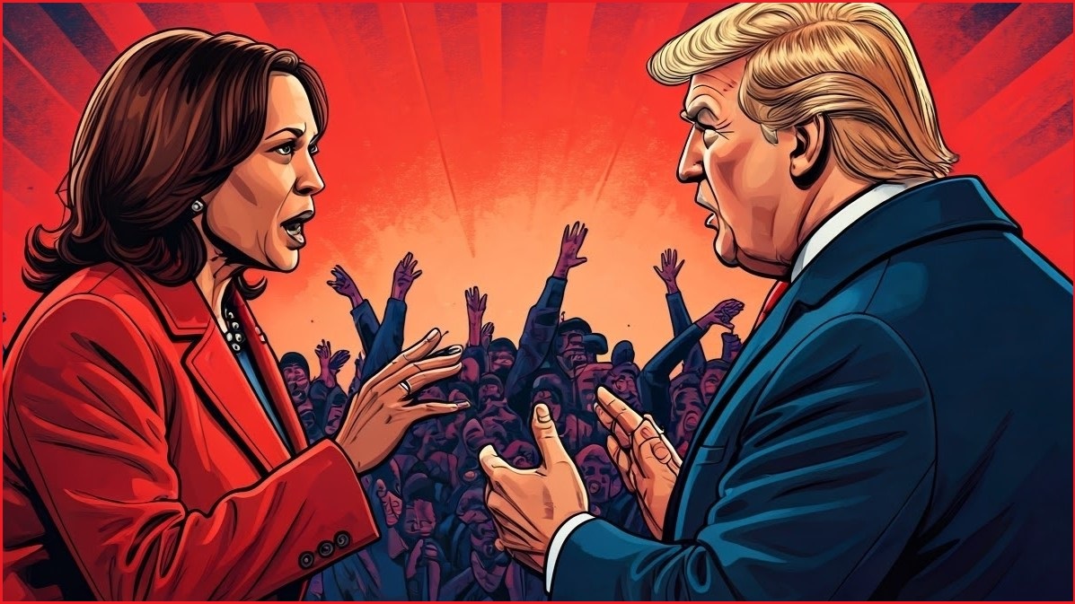 Cartoonish image of Karmala Harris and Donald Trump talking to each other with people cheering in the background.