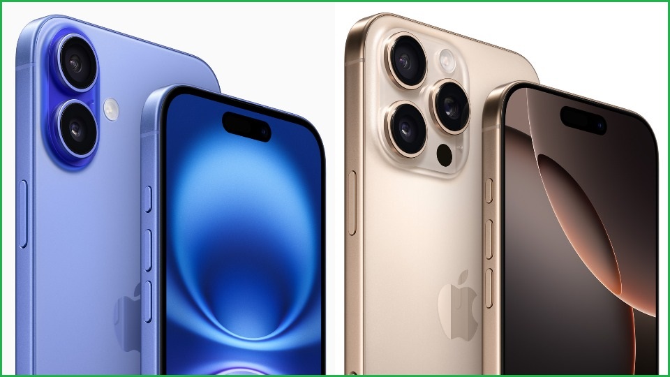 Close-up product marketing shots of the Apple iPhone 16 and Apple iPhone 16 Pro.