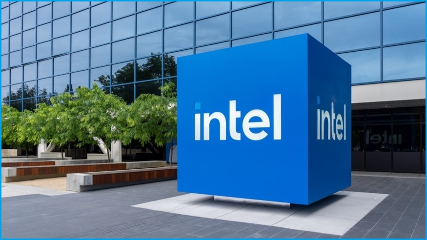 Intel logo outside building.