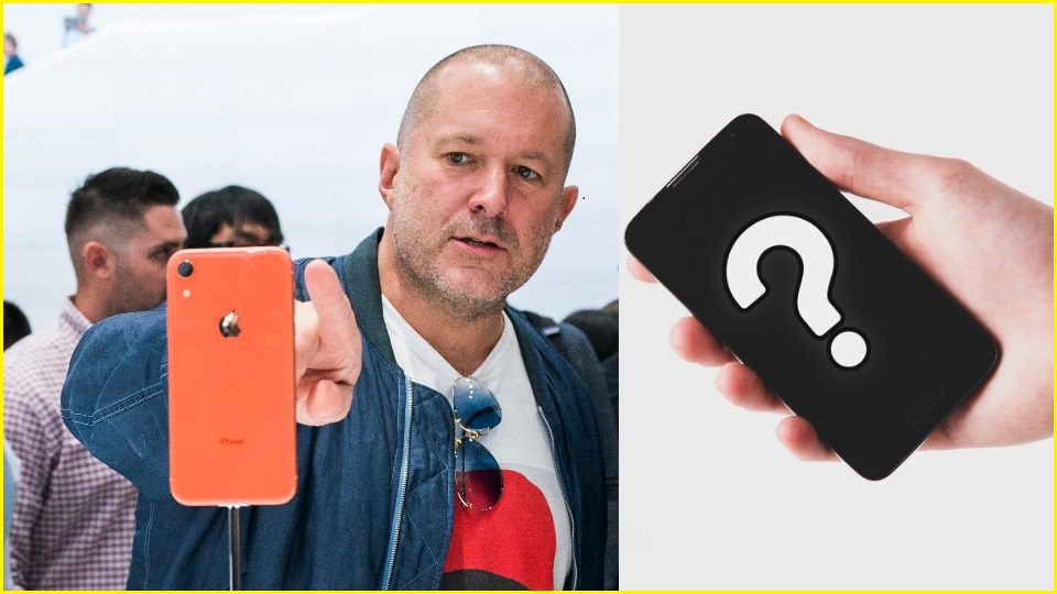 A bald man pointing at an iPhone, next to a separate image of a black handheld device with a large question mark over it.