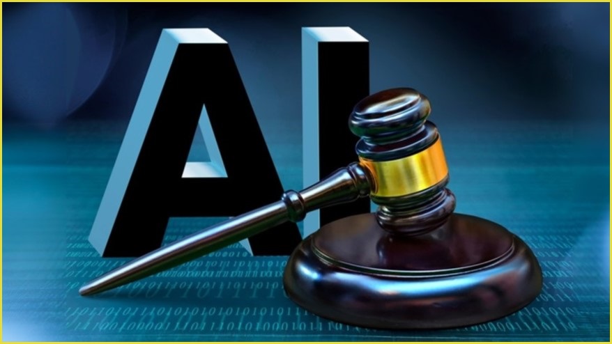 Giant letters AI next to a judge's gavel.