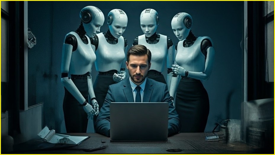 Man typing on a laptop surrounded by four standing robots.