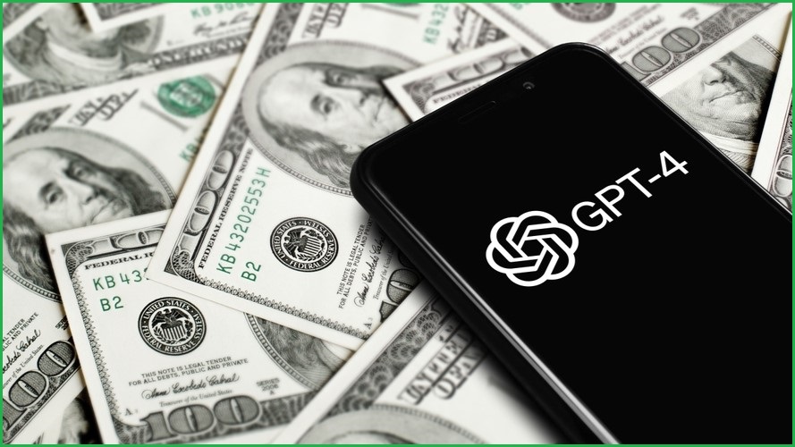 US dollars surrounding a phone with the ChatGPT GPT-4 logo