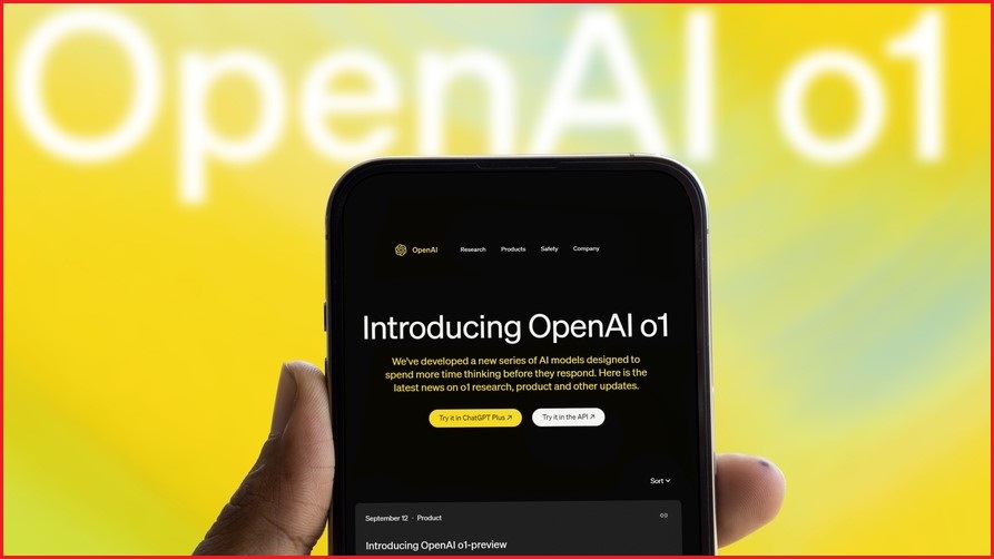 A close up of a hand holding a smartphone displaying the OpenAI website.