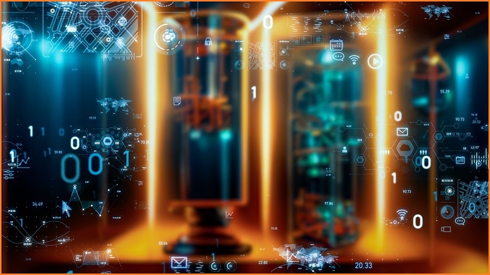 A graphic showing bright lights and numbers to simulate a quantum computer.