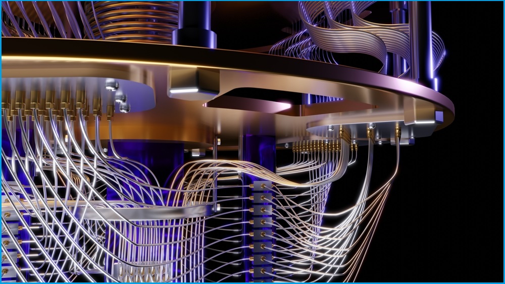 A close up of a digital 3D model of a quantum computer, with many wires and metal plates connected to a centre console.