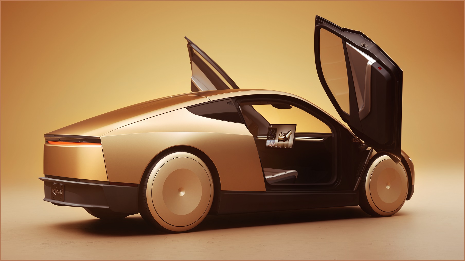 Gold coloured car with two doors open in the air.