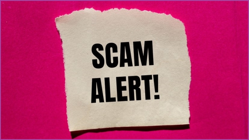 The words SCAM ALERT on a piece of white paper, posted on a bright pink background.