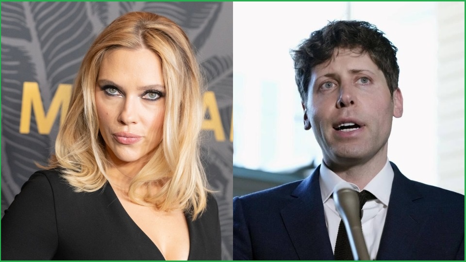 A composite of two images: A close up photo of Scarlett Johansson pouting slightly, and a photo of Sam Altman in a tie speaking