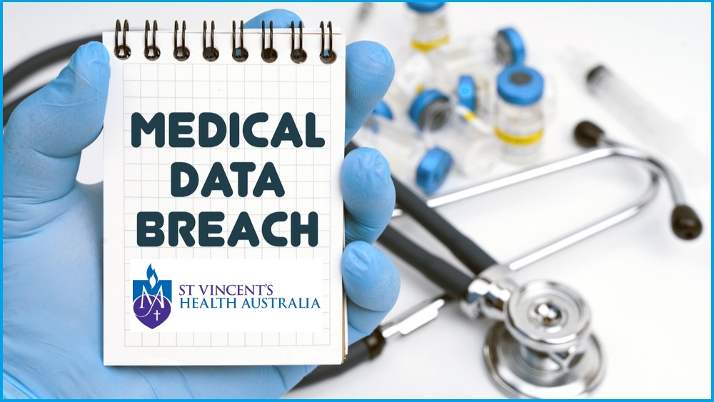 Medical data breach printed on a notepad with medical paraphernalia in the background.