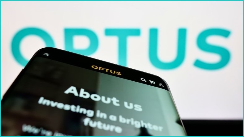 Optus logo with a phone showing 'Investing in a brighter future'.