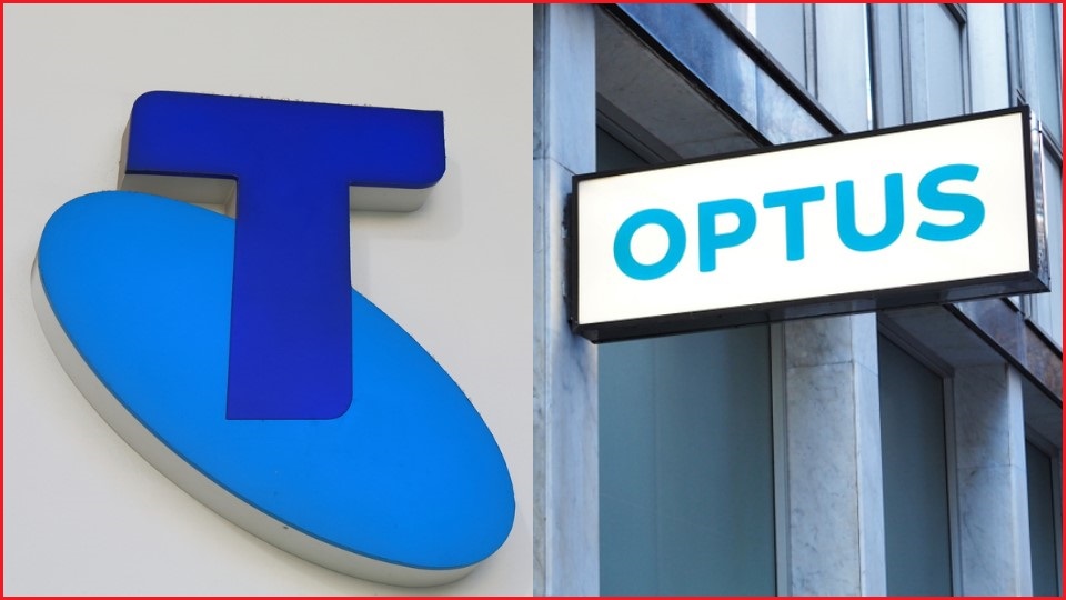 A close up of the Telstra logo outside a store, next to a close up of an Optus logo outside a store.