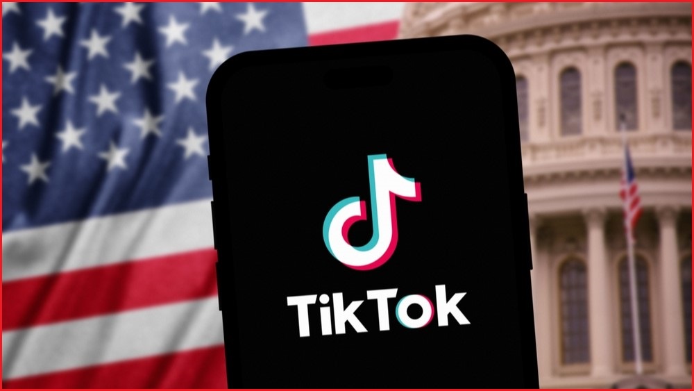 US flag as background for TikTok logo on phone screen