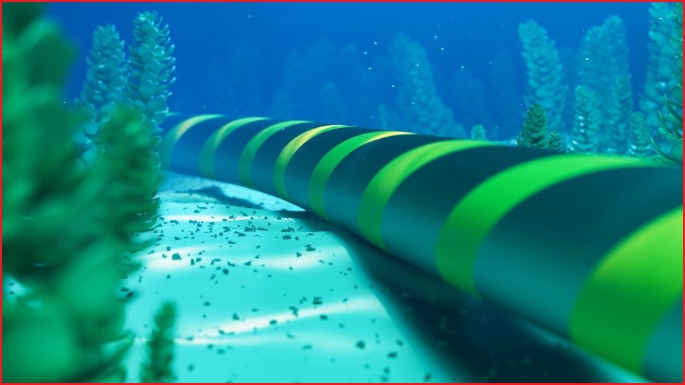 A 3D rendering of a striped internet cable lying on the sea floor near some plants.