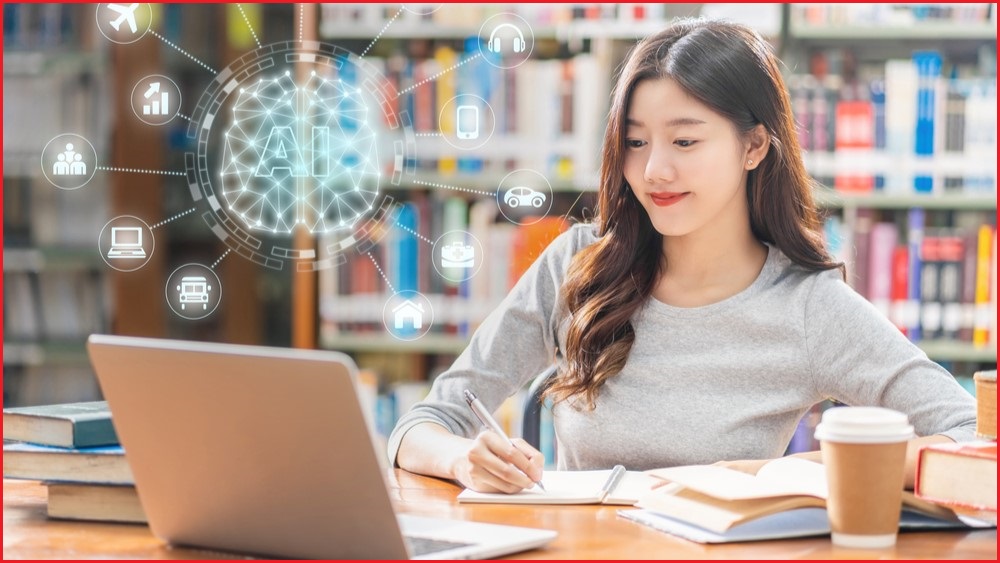 Woman working at a computer in a library