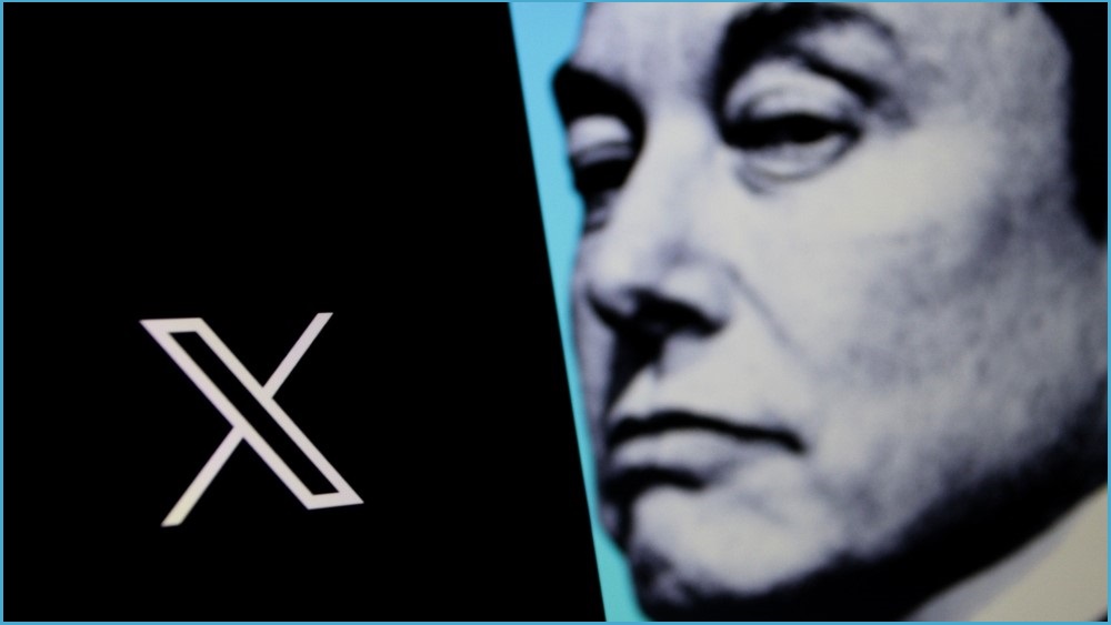 X logo next to Elon Musk face shot