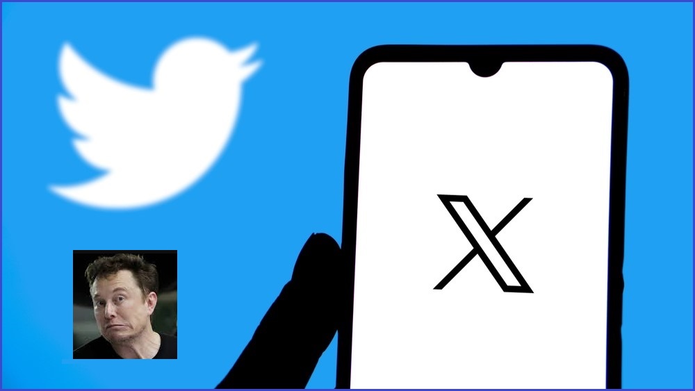 Twitter and X logo next to pic of Elon Musk