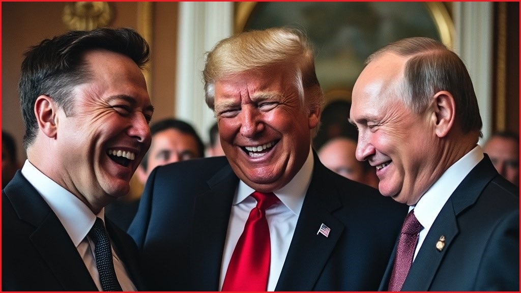 A deepfake AI-generated image of Elon Musk, Donald Trump and Vladimir Putin in suits and ties and laughing with each other.