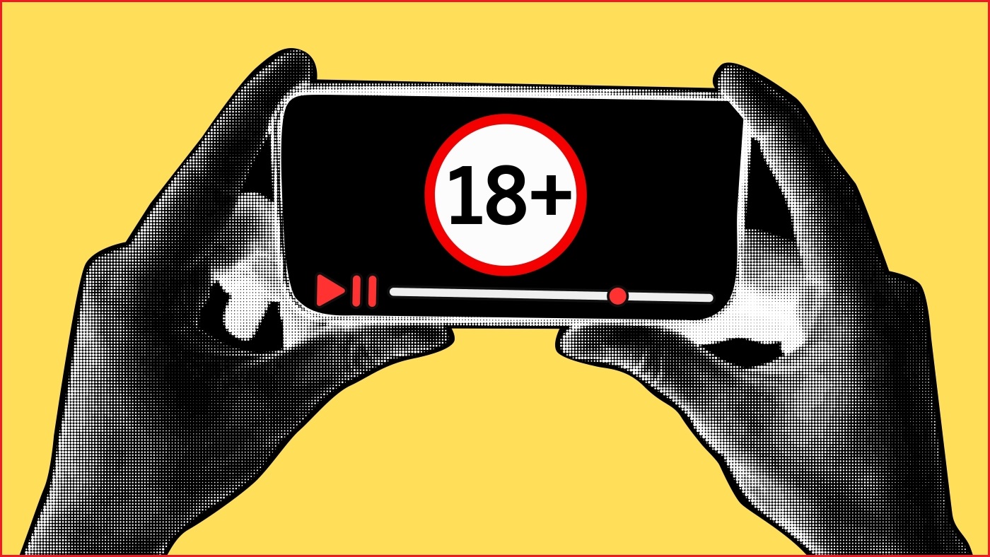 An illustration showing a closeup of someone's hands holding a smartphone horizontally, with an 18+ banner and some video playback controls across the screen 