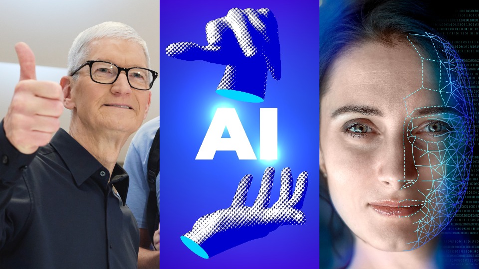 Tim Cook giving a thumbs up, the letters AI inbetween two hands, and a closeup of a woman's face overlaid with facial recognition lines.