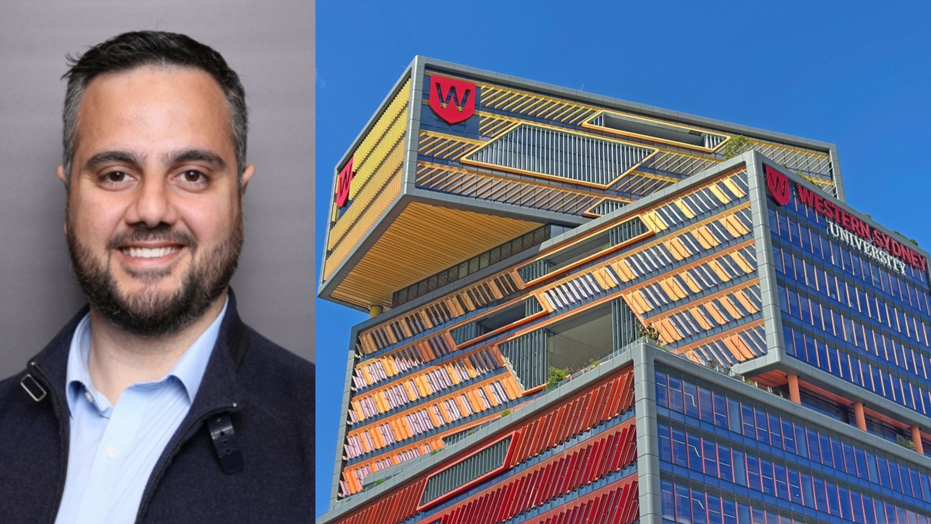 Photo of Ahmend Khanji next to a picture of Western Sydney University.