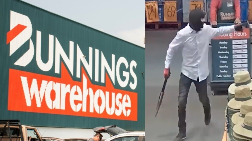 Bunning store signage on left, masked man entering a Bunnings store with a shotgun.