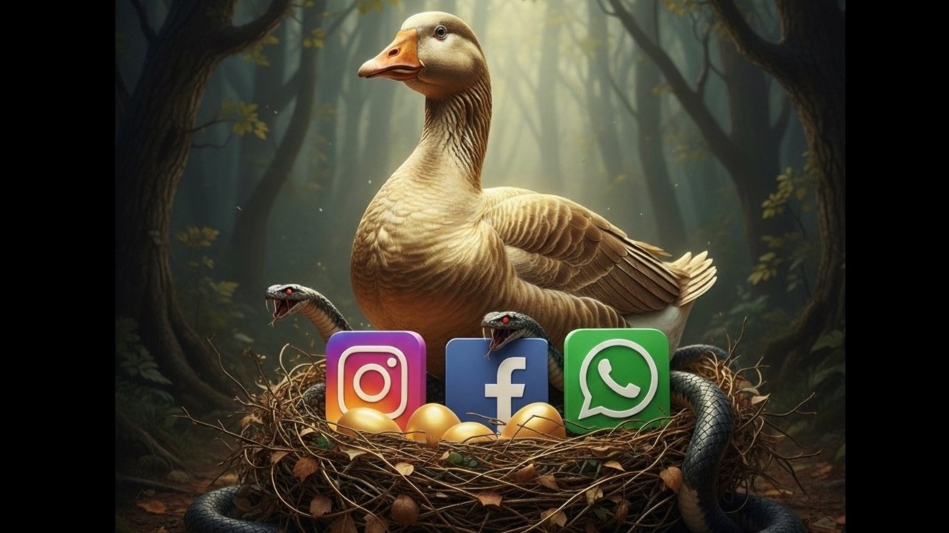 Picture of golden goose sitting on a nest golden eggs, with logos of Instagram, Facebook, Whatsapp, sourrounded by snakes.