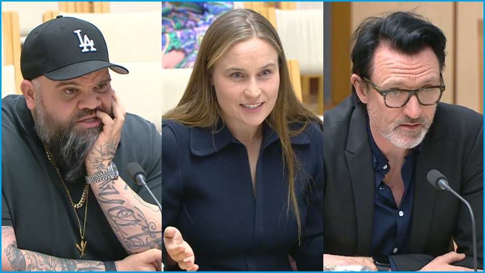 Three images: The first of rapper Briggs wearing a hat and speaking at a Senate hearing, next to an image of Holly Rankin and an image of Paul Dempsey also speaking there.