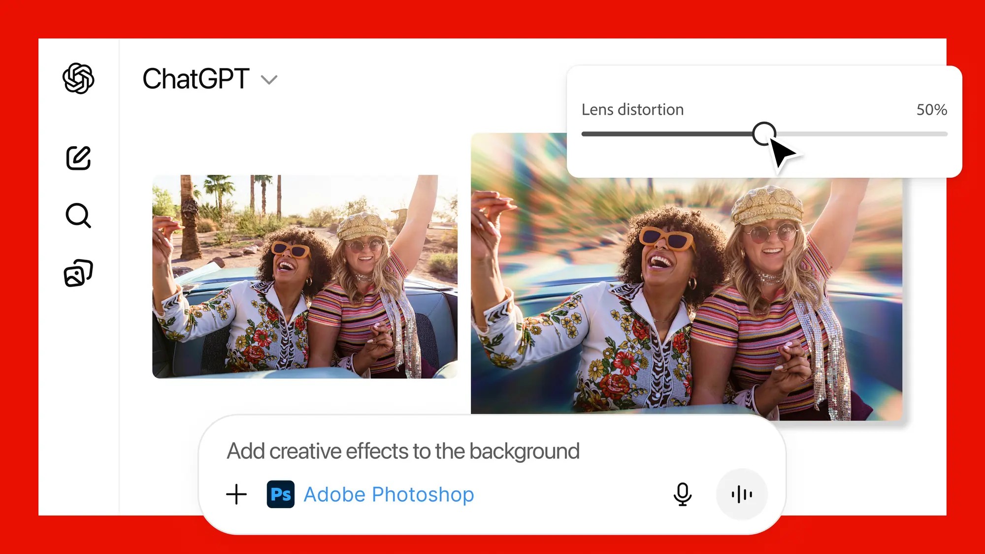 A screenshot of ChatGPT and an Adobe Photoshop interface editing the background of a photo of two women.