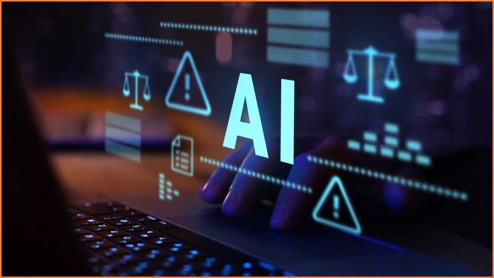 AI graphic floating about a laptop keyboard.