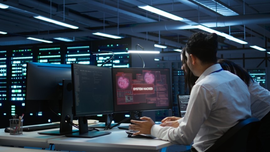 Person looking at large monitor showing a message reading SYSTEM HACKED.