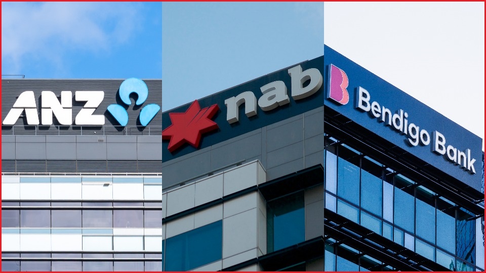 A close up of the ANZ logo on an office building, next to a close of the NAB logo on an office building, next to a close up of the Bendigo Bank logo on an office building.