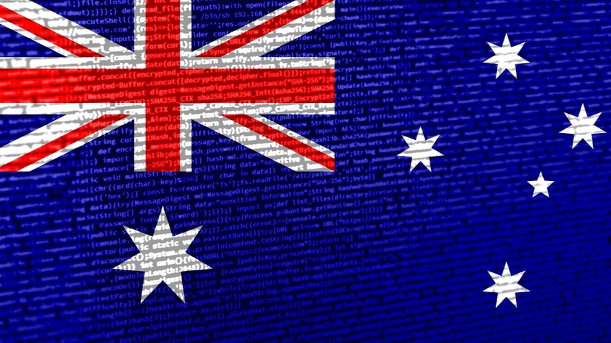 Australian flag overlaid with digital text.