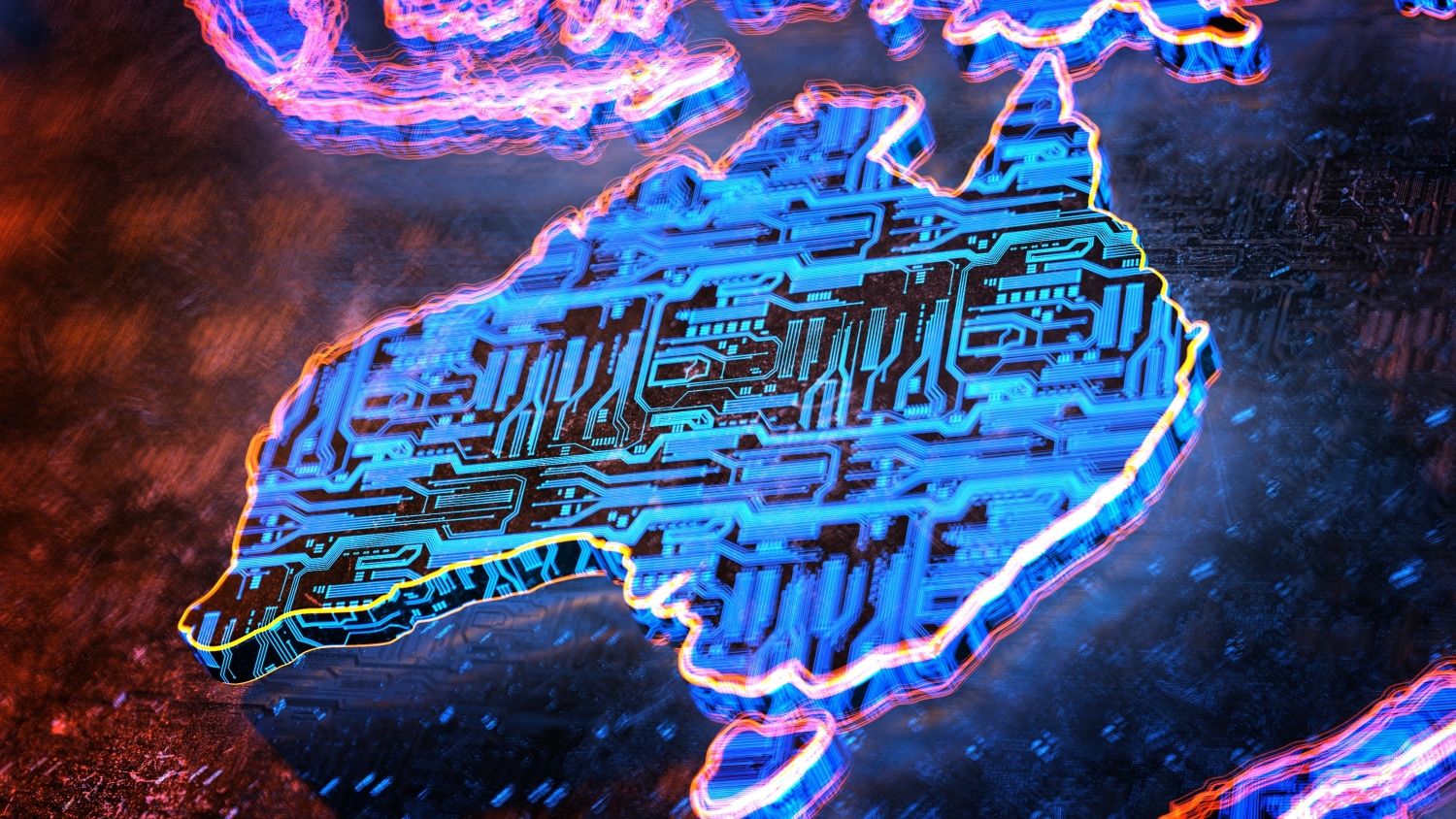A 3D illustration of a raised map of Australia, in which the country is covered by intricate lines of electronic circuits.