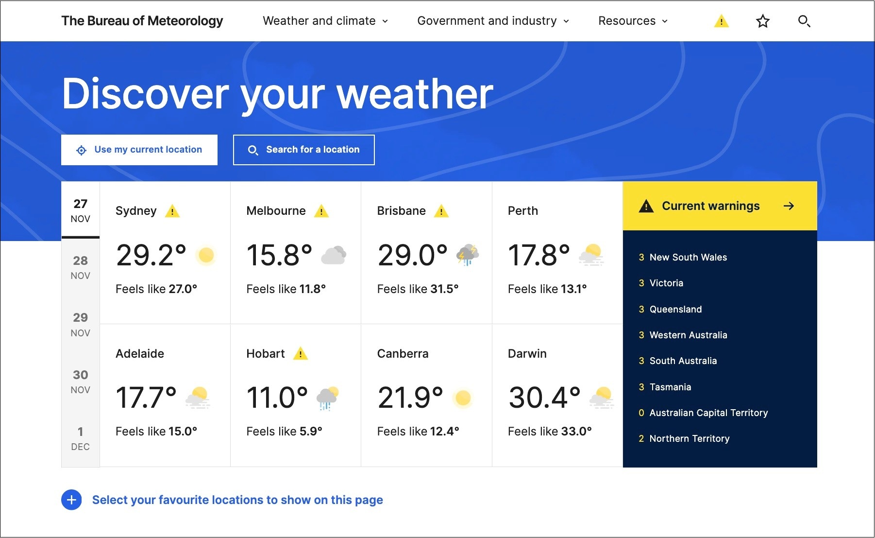 Web page showing weather forecast in Australia's major cities.