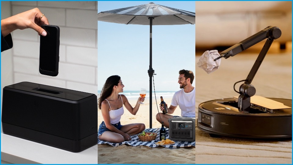 Three images: the first of a mobile phone being placed into a toaster-looking device, the second of a man and woman at the beach under an umbrella with solar panels on it, and the third of a robot vacuum with an arm out the top of it hlding a piece of paper.