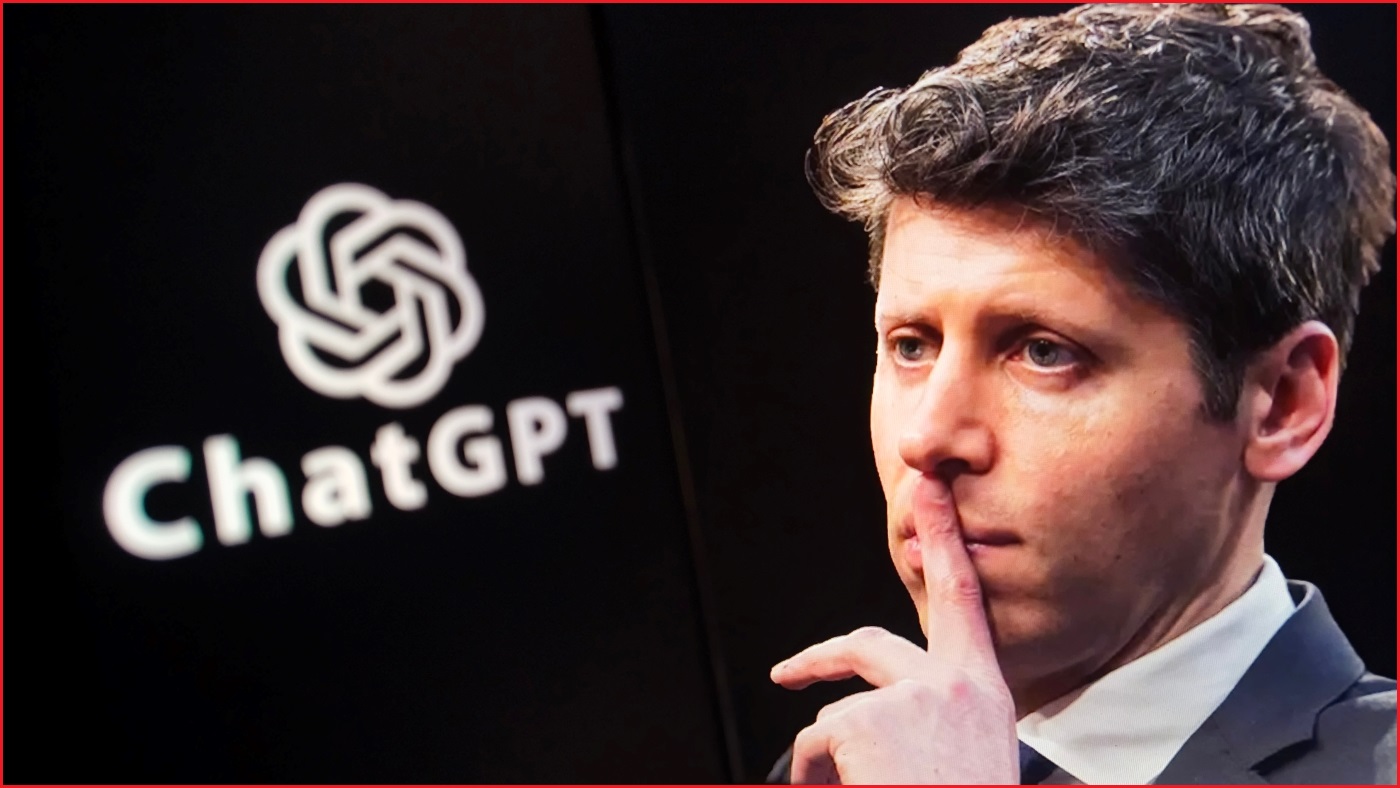A close up of Sam Altman looking concerned, next to a close up of the OpenAI logo and the word ChatGPT.