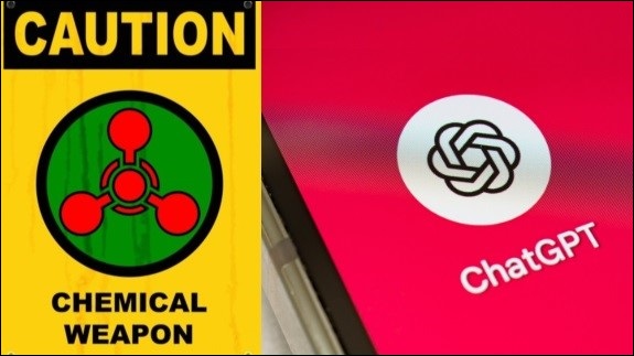 A sign which reads "Caution: Chemical weapon", next to a close up of a smartphone screen displaying the ChatGPT app logo.