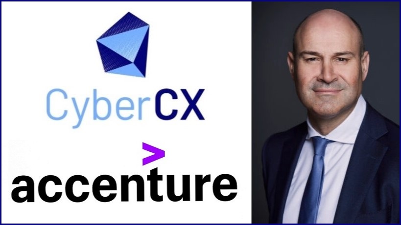 Logos of CyberCX and Accenture next to a photo of Paitaridis.
