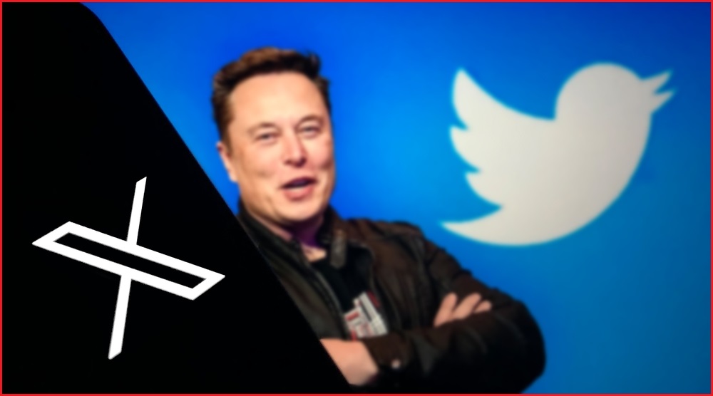 A photo of Elon Musk standing with his arms folded between the X and Twitter logos.