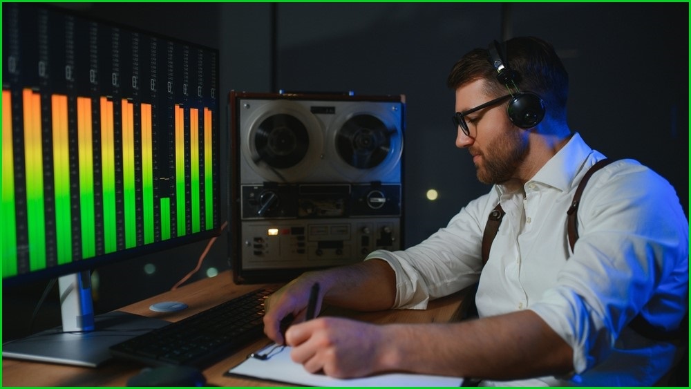 A man listening to audio recordings and making notes.
