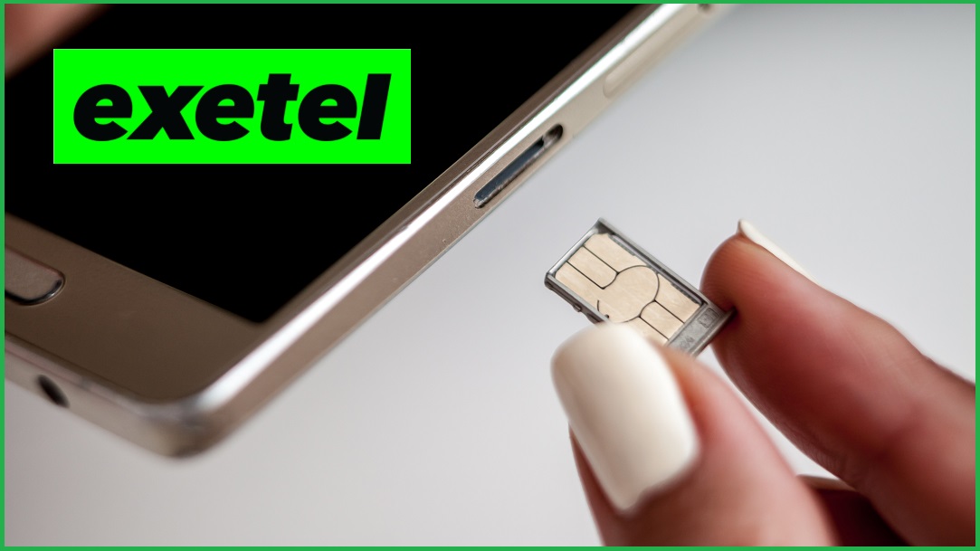 Fingers inserting a SIM card into a mobile phone with the Exetel logo on the screen.