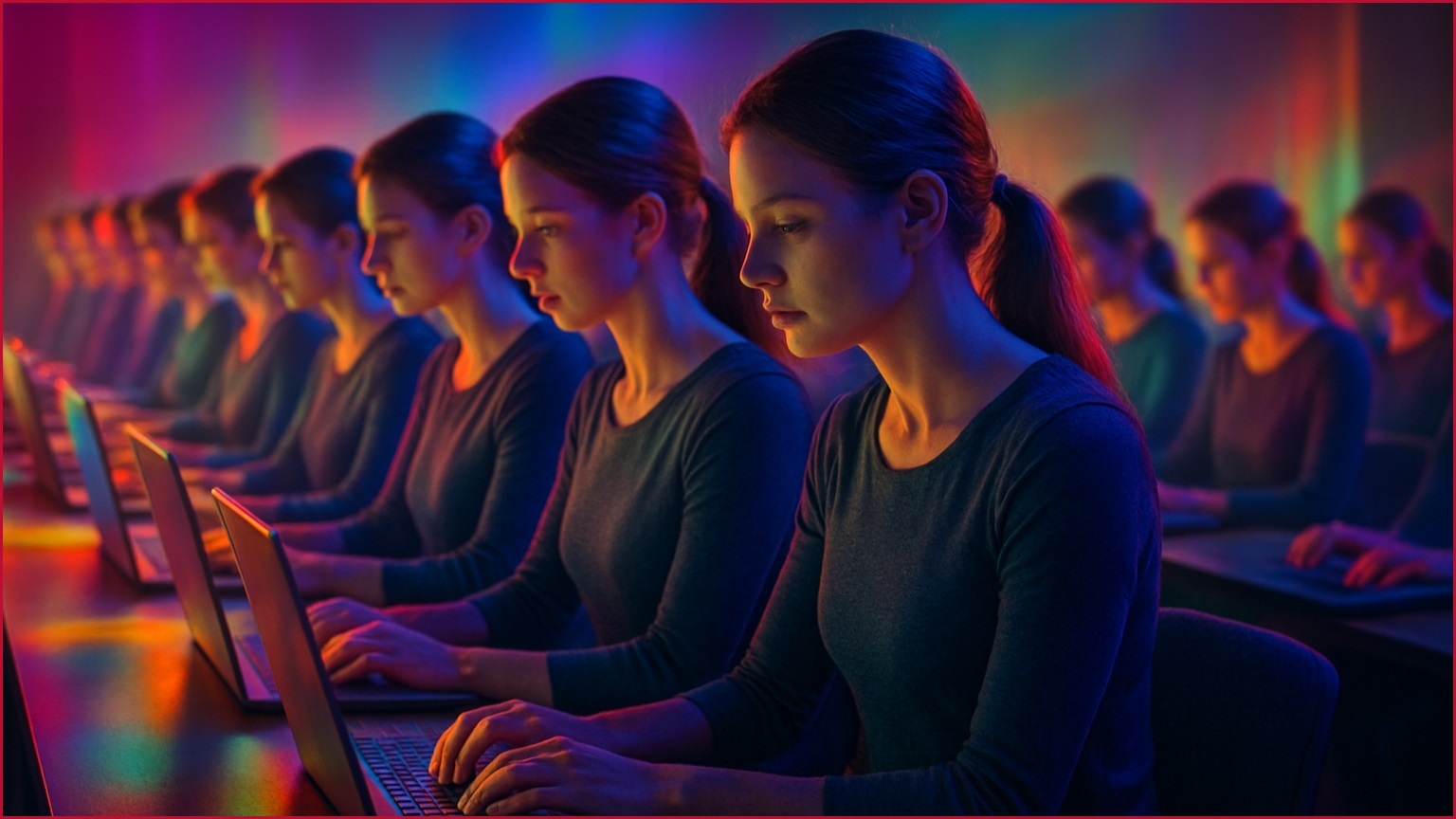 Rows of women typing on computers.