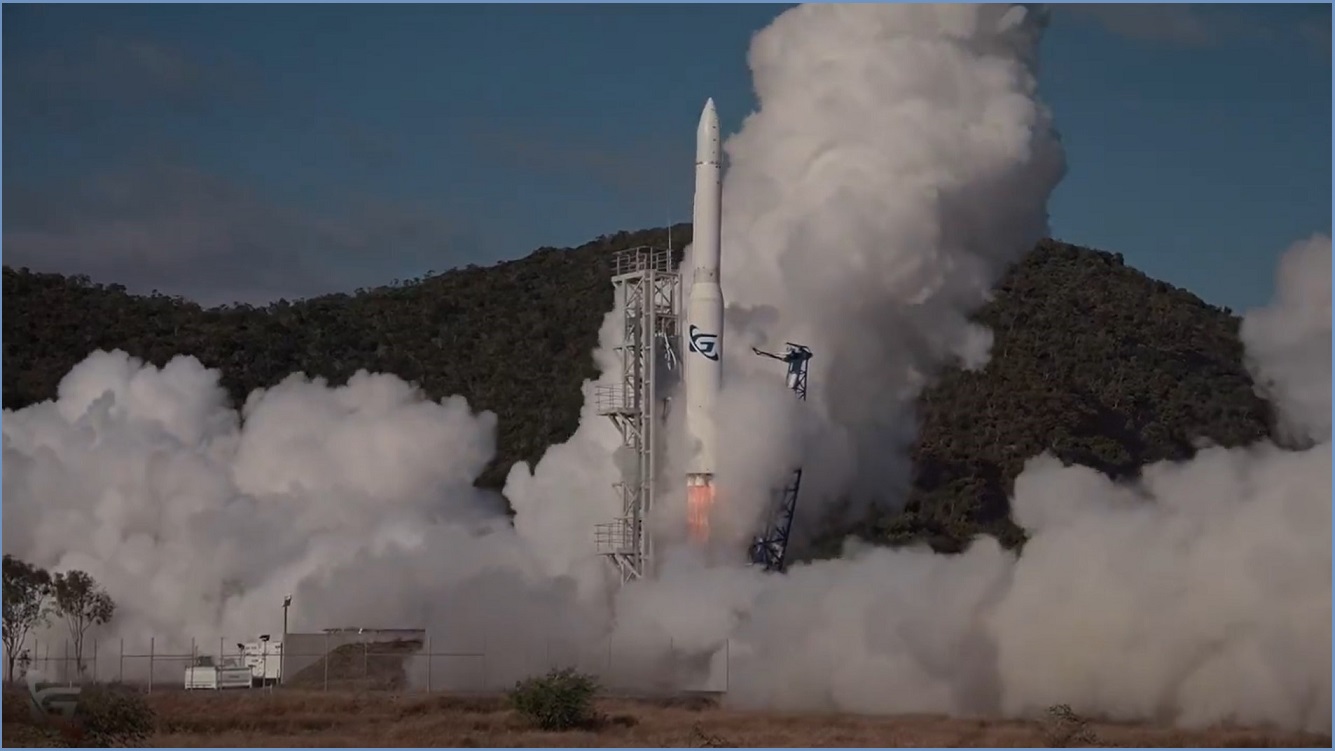 Rocket taking off, surrounded by plumes of white smoke.