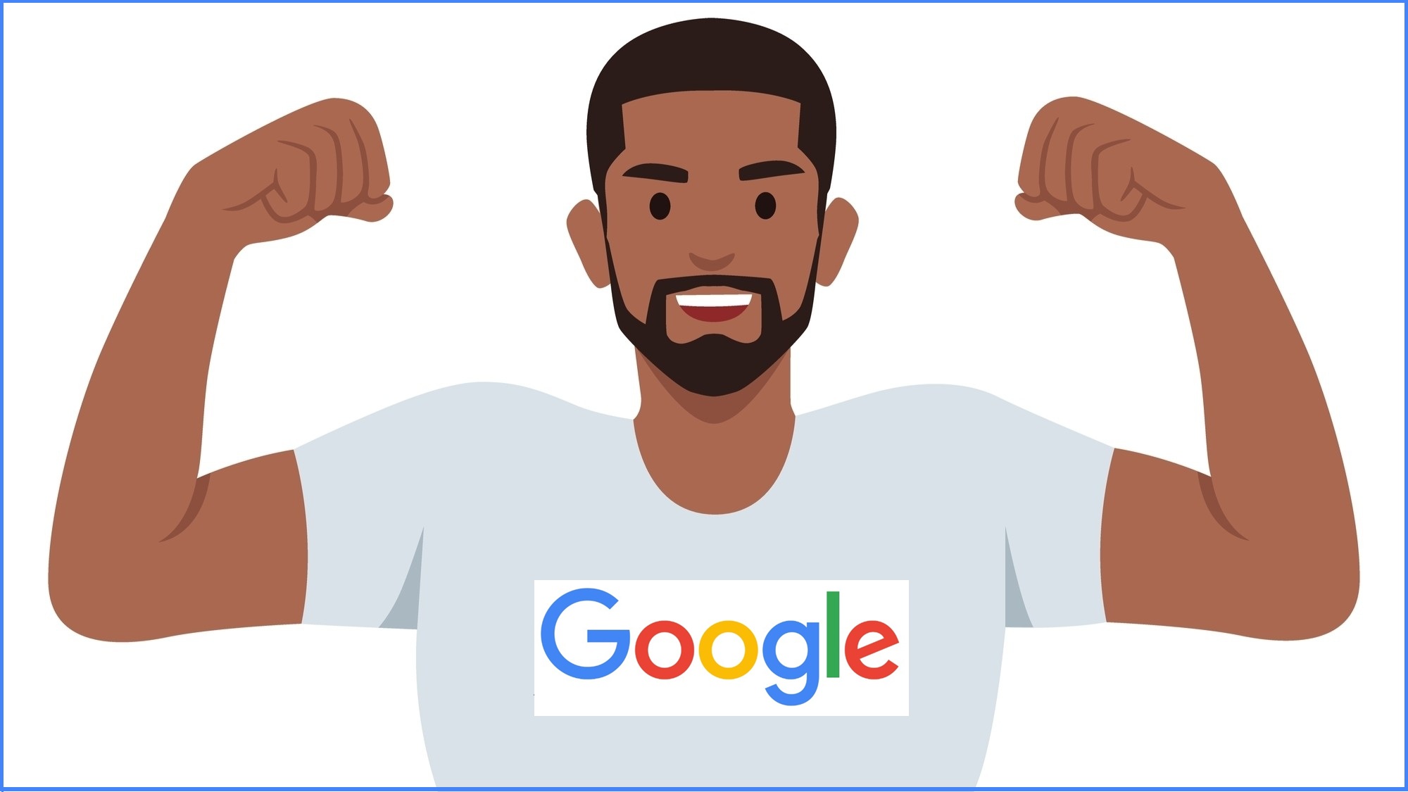 Muscly bouncer-like man with Google logo across chest.