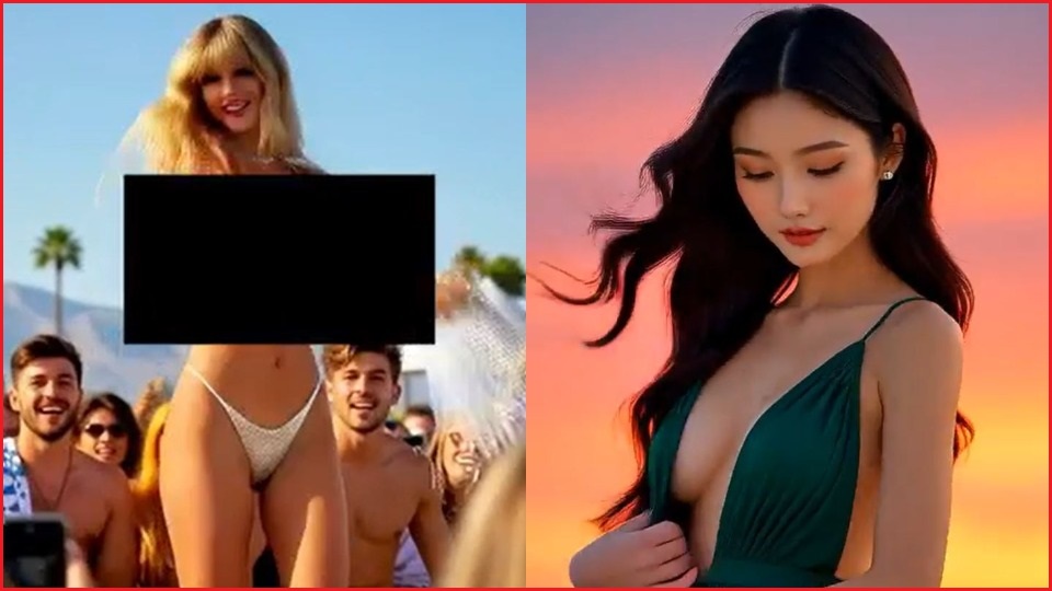 Two images: The first an AI deepfake of Taylor Swift dancing outside surrounded by men and wearing underwear - a black bar covering her chest. The second image is an AI image of an Asian woman with long hair in a revealing dress.